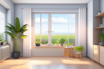 Fototapeta premium Window with white curtain and potted green plants on windowsill. Indoor decorative plants in an apartment with cabinet, against the background. summer meadows and fields behind window. Generative ai.