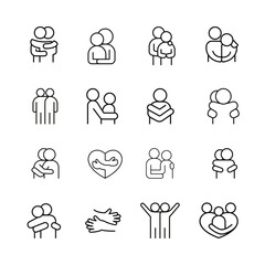 Lover, hug, friendship, relationship icon set in thin line style