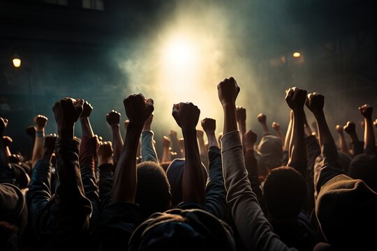 Fists raised up on dark background