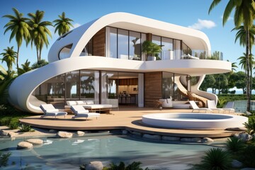 Fototapeta premium Modern villa on a tropical sandy beach among palm trees. A minimalist house with a rounded shape.
