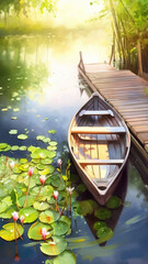 Watercolor illustration of old wooden boat on the lake with water lily in warm sunlightat summer morning. Serene atmosphere. AI generated art illustration