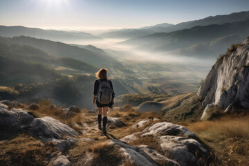 Obraz premium Captivating photo capturing a girl hiking in the serene morning mountains. Generative AI.