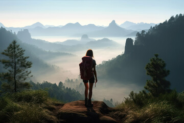 Fototapeta premium Captivating photo capturing a girl hiking in the serene morning mountains. Generative AI.