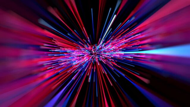Abstract background in blue and red neon glow colors. Speed of light in galaxy. Explosion in universe. Cosmic background for event, party, carnival, celebration, anniversary or other. 3D rendering.