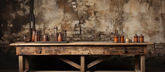 Old wooden table and vintage brick background. For product display, Generative Ai