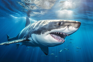 Fototapeta premium Great white shark swimming underwater, generative ai