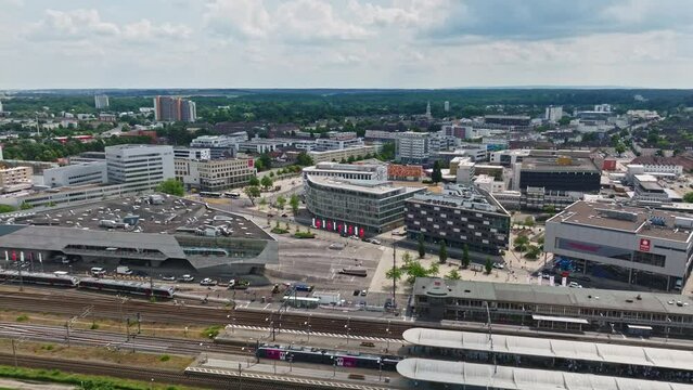 Drone shot of Wolfsburg city , Germany . It's known as the headquarters for Volkswagen and for the Autostadt, an automobile-themed park with a classic-car museum and driving track.