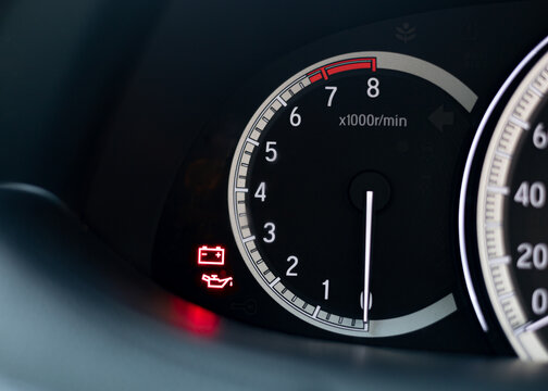 Screen display of car status warning light on dashboard panel symbols which show the fault indicators. low battery, lack of oil, the car battery dead. car safety concept, vehicle check and control.