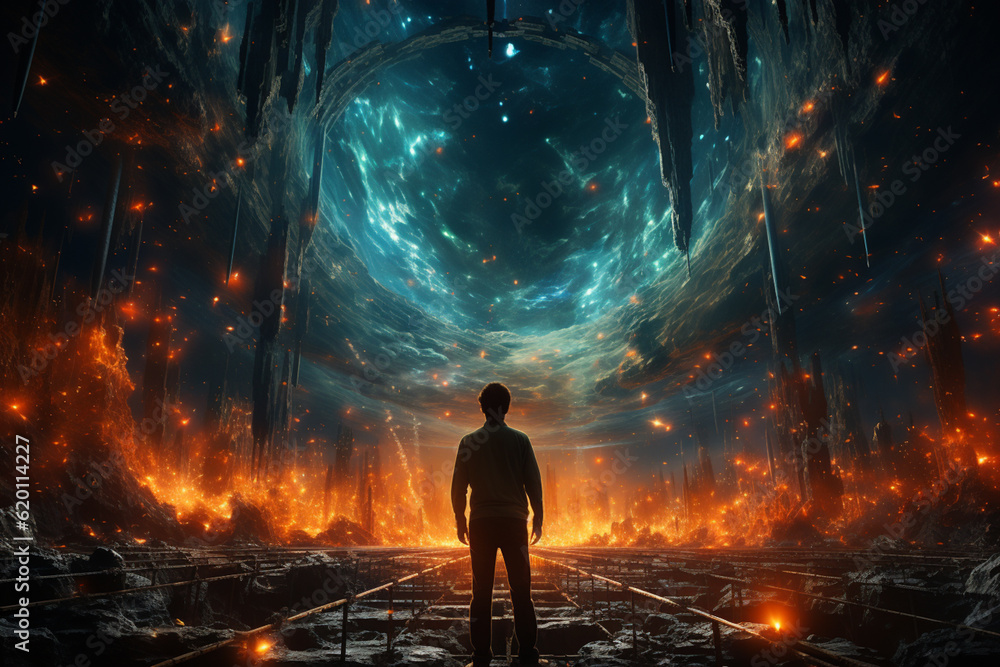 Poster human inside the universe. the concept on scientific and philosophical topics. generative ai technol