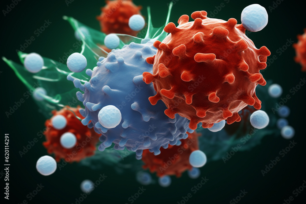 Aufkleber depicting cancerous cells invading and attacking healthy brain tissue, showing the destructive natur