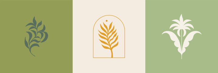 Vector set of logo design templates and graphic elements, organic cosmetic, floral illustration in simple linear hand drawn style, plants and flowers, natural products emblems