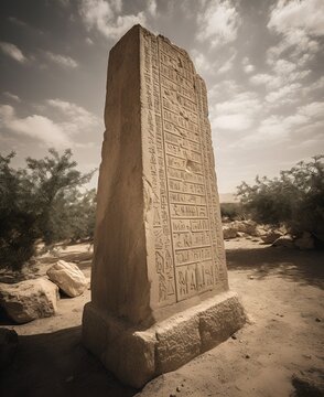 A towering stone obelisk with strange inscriptions.