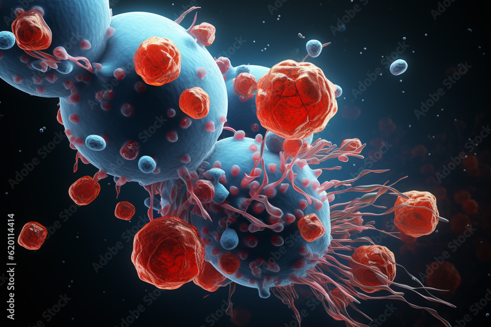 Leinwandbilder depicting cancerous cells invading and attacking healthy brain tissue, showing the destructive natur