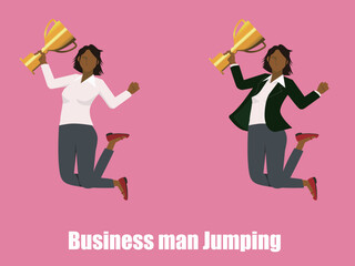 ビジネススーツを着たトロフィー、優勝カップを持つ黒人女性のビジネスマンがジャンプするフラットイラストセット