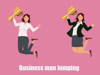 ビジネススーツを着たトロフィー、優勝カップを持つ東洋系女性のビジネスマンがジャンプするフラットイラストセット