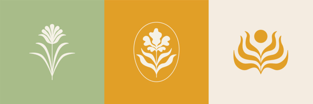 Vector set of logo design templates, organic cosmetic, floral illustration in simple linear hand drawn style, plants and flowers, for hand crafted business, jewellery, ceramics, candles