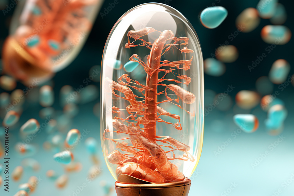 Poster Dna structure inside a capsule. Generative AI technology.