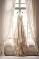 Brautkleid h&auml;ngt auf einem Kleiderb&uuml;gel am Fenster, Wedding dress hangs on a hanger by the window