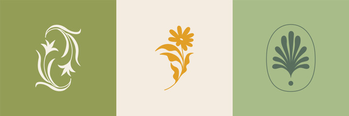 Vector set of logo design templates, organic cosmetic, floral illustration in simple linear hand drawn style, plants and flowers, natural product, for hand crafted small business