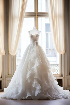 Brautkleid steht am Fenster, Wedding dress stands by the window
