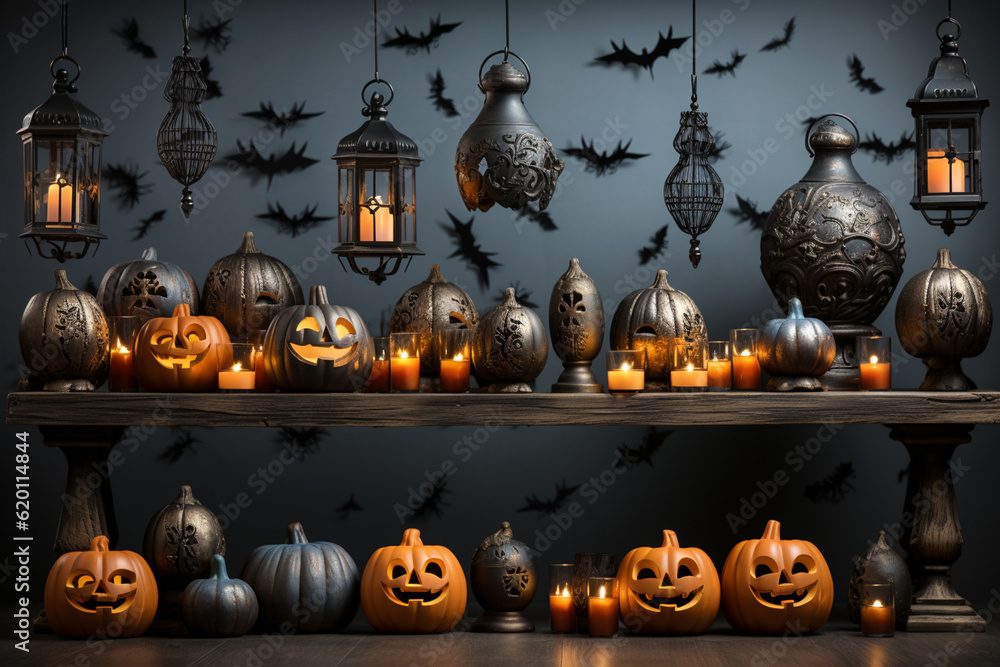 Poster beautiful abstract illustrations gray halloween which symbol icons on a gray wall background. genera