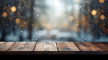 Empty dark wooden table and snow blurred background