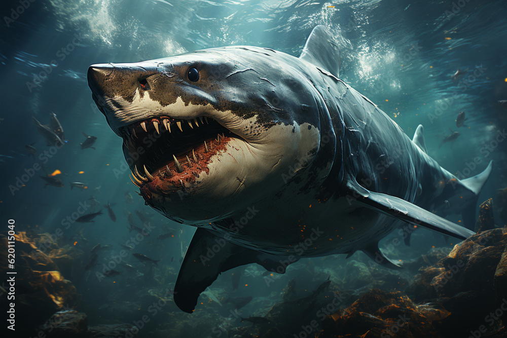 Poster he playful interaction between a group of megalodon, showcasing their social dynamics and vigilant n