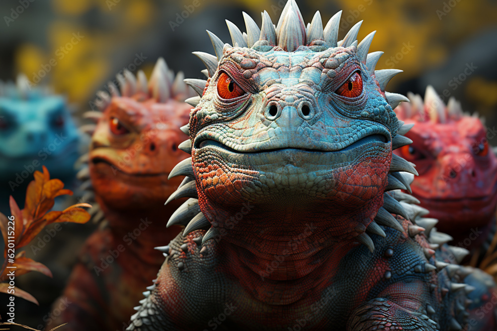 Poster e playful interaction between a group of ankylosaurus, showcasing their social dynamics and vigilant