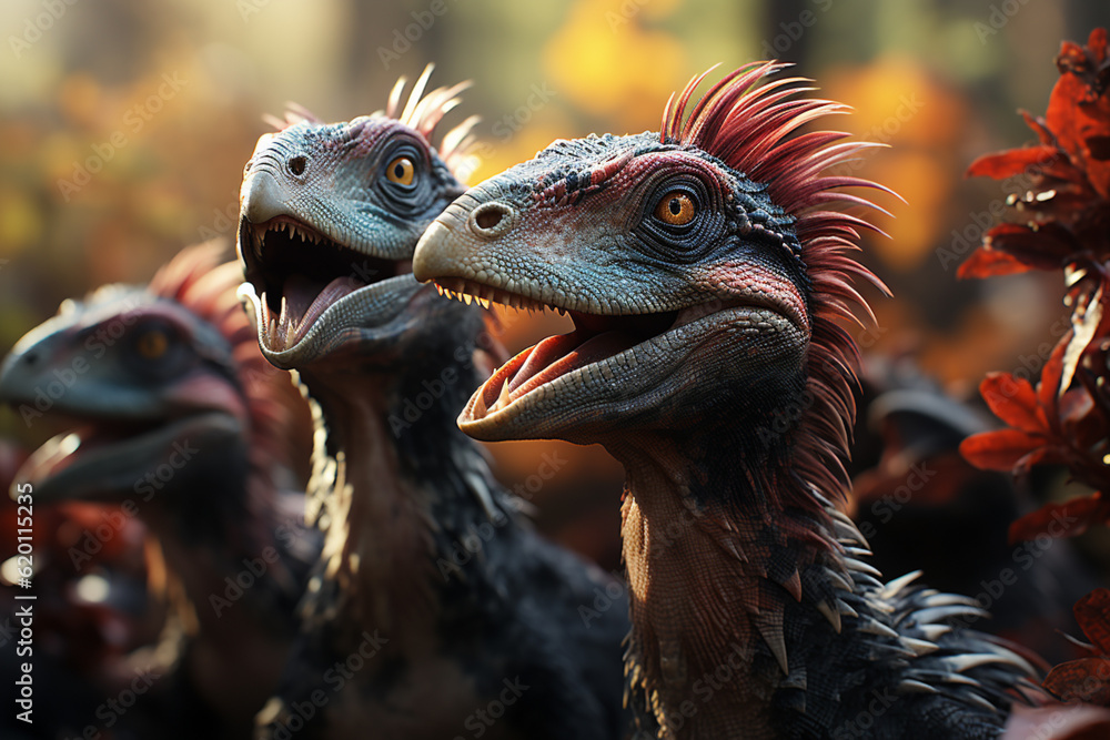 Poster He playful interaction between a group of Dilophosaurus, showcasing their social dynamics and vigilant nature.  Generative AI technology.