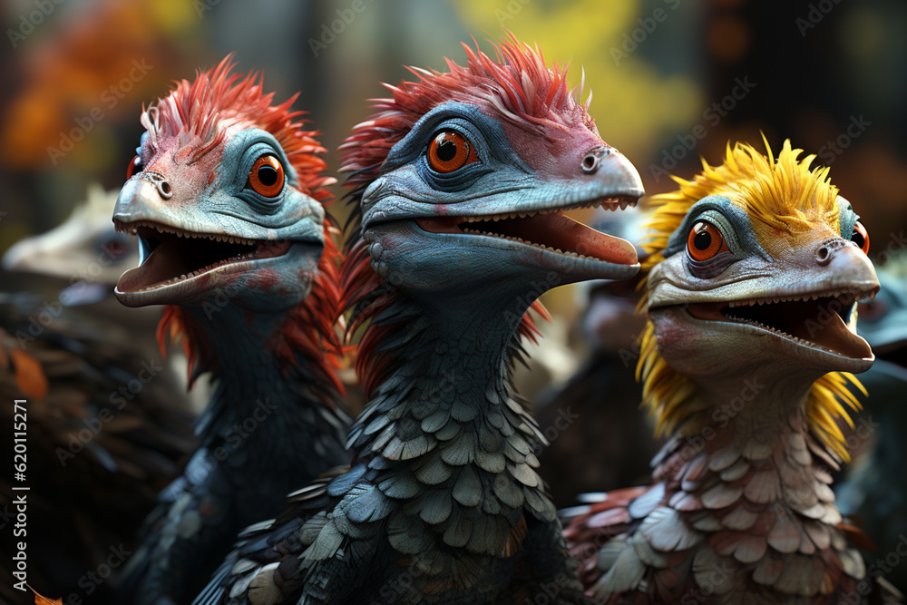 Poster He playful interaction between a group of Dilophosaurus, showcasing their social dynamics and vigilant nature.  Generative AI technology.