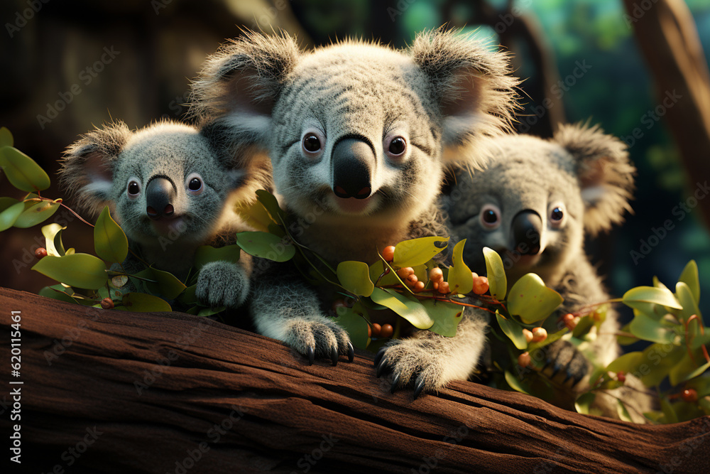 Poster he playful interaction between a group of koala, showcasing their social dynamics and vigilant natur