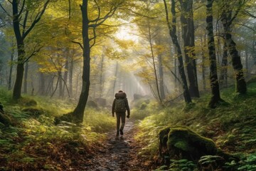 Fototapeta premium Captivating photo capturing a man hiking in the serene morning light of a beautiful deciduous forest. Generative AI.