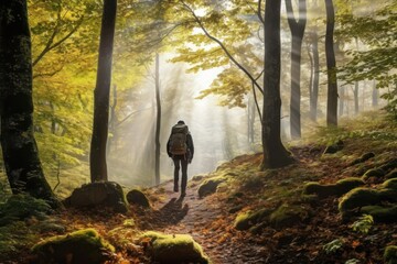 Captivating photo capturing a man hiking in the serene morning light of a beautiful deciduous forest. Generative AI.