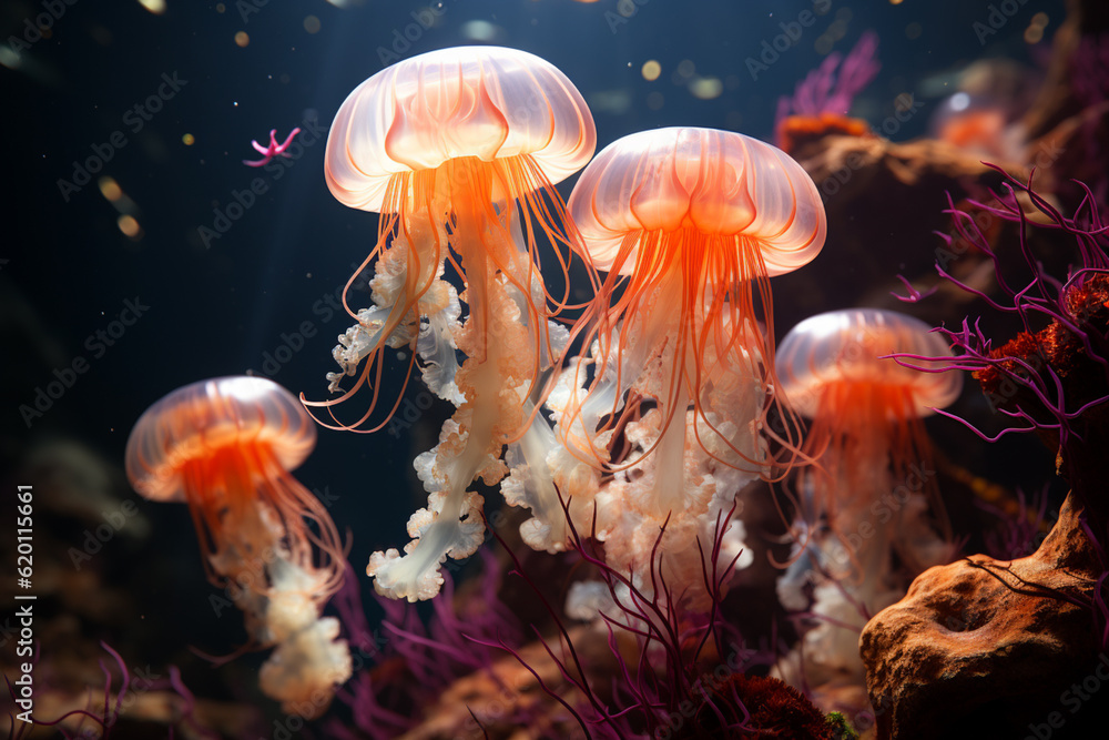 Aufkleber Playful interaction between a group of Jellyfish, showcasing their social dynamics and vigilant nature.  Generative AI technology.