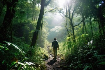 Obraz premium Captivating photo capturing a man hiking in the serene morning light of a beautiful deciduous forest. Generative AI.