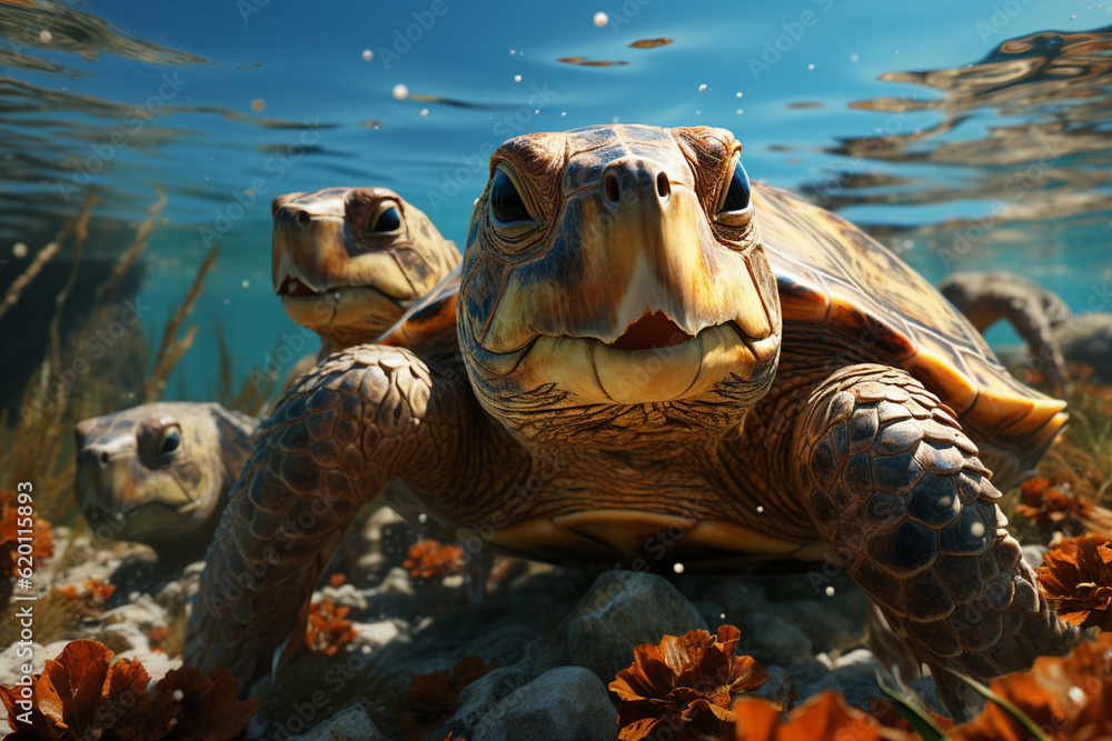 Aufkleber playful interaction between a group of turtle's, showcasing their social dynamics and vigilant natur