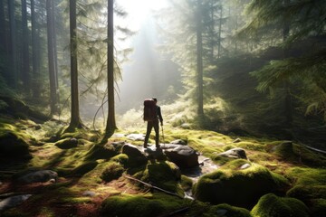 Fototapeta premium Captivating photo capturing a man hiking in the serene morning light of a beautiful deciduous forest. Generative AI.