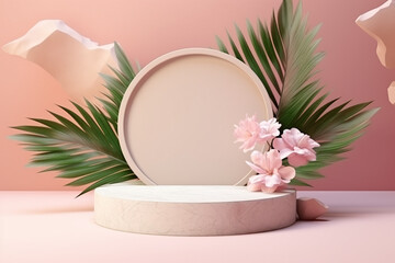 Obraz na płótnie Canvas Round podium for cosmetics presentation with tropical flowers and marbel on pastel pink background, AI generative