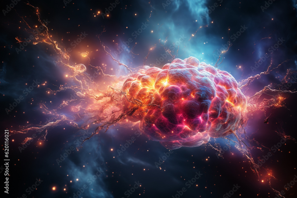 Poster beautiful abstract brain with nebula dust concept, contemporary colors and mood social background.  Generative AI technology.