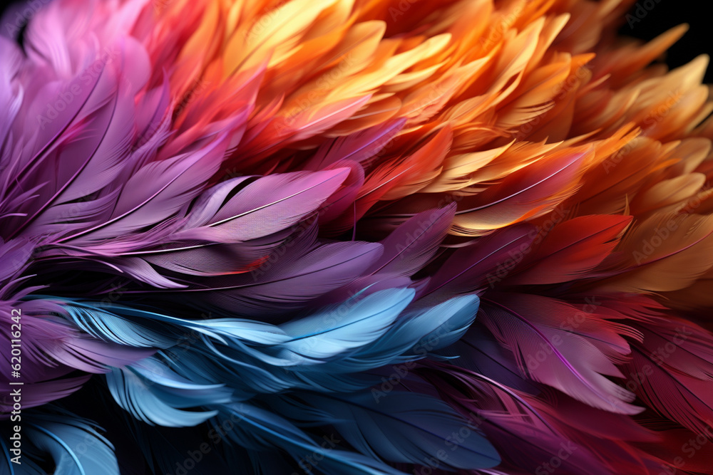 Poster bird feather neon colored light. beautiful background pattern texture for design. generative ai tech