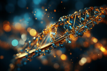 Fototapeta na wymiar Beautiful golden DNA molecule with yellow light symbol icons on a blue background. Generative AI technology.