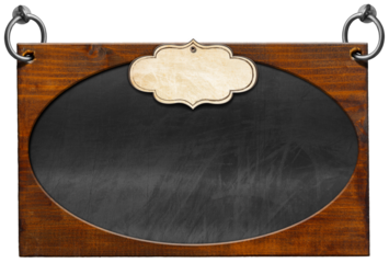 Old empty blackboard with wooden rectangular and oval frame (ellipse shape) and blank label. Steel rings for hanging. Isolated on white or transparent background and copy space, template. Png.