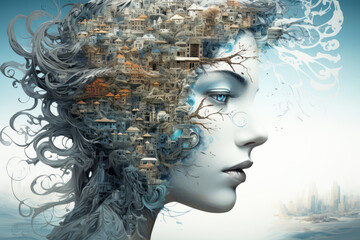 Portrait of sad woman thinking about her lost home. Loneliness in memories conceptual composition