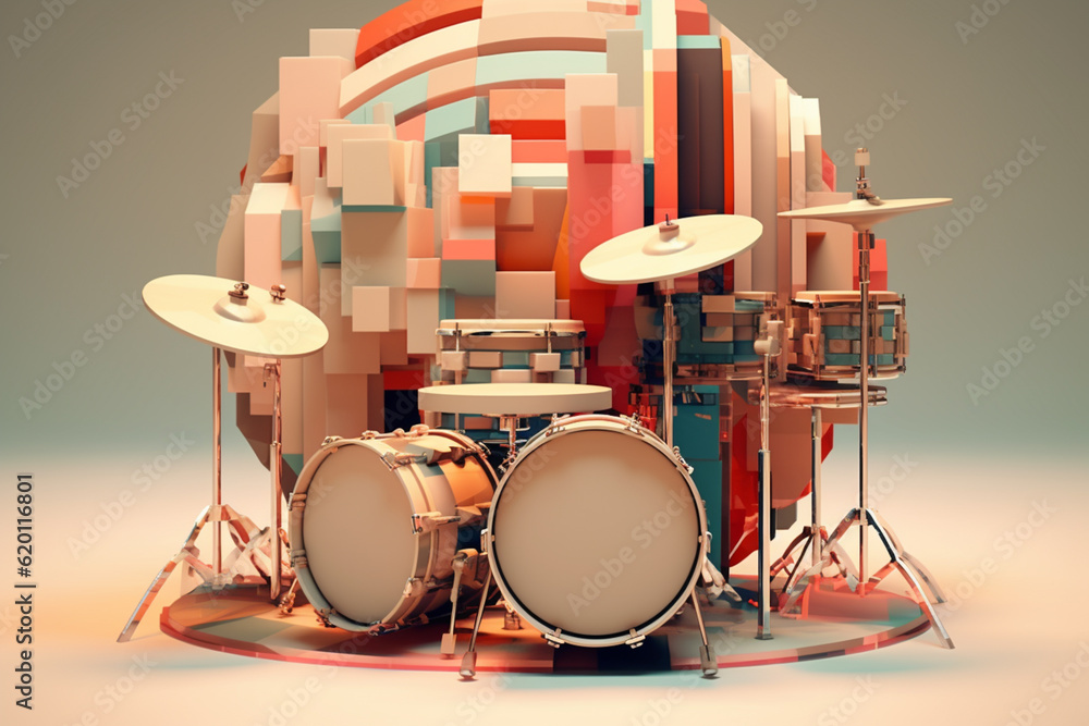 Poster an abstract geometric style portrayal of a drum set, with each drum and cymbal depicted as a unique geometric shape in a muted color palette. Generative AI technology