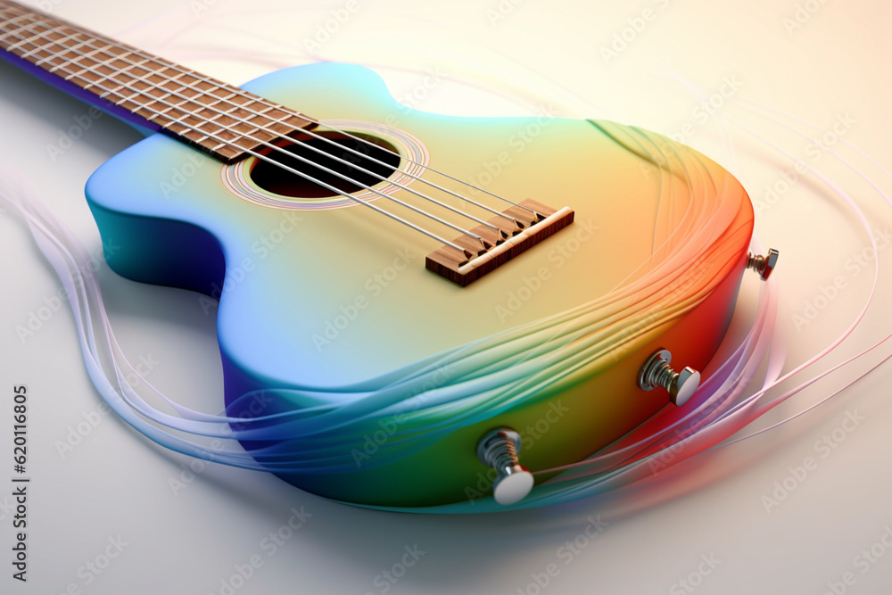 Fototapete An abstract geometric style rendering of a Guitar, with its curved body and strings composed of intersecting geometric shapes and soft, soothing color gradients. Generative AI technology