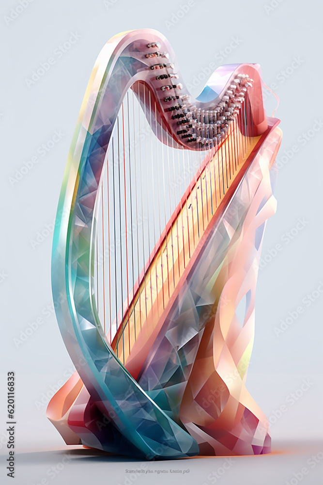 Poster An abstract geometric style rendering of a Harp, with its curved body and strings composed of intersecting geometric shapes and soft, soothing color gradients. Generative AI technology