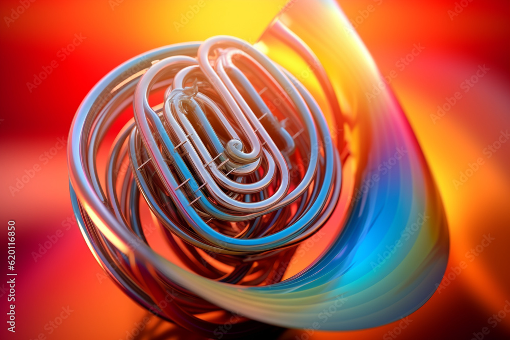 Poster An abstract geometric style rendering of a French Horn, with its curved body and strings composed of intersecting geometric shapes and soft, soothing color gradients. Generative AI technology