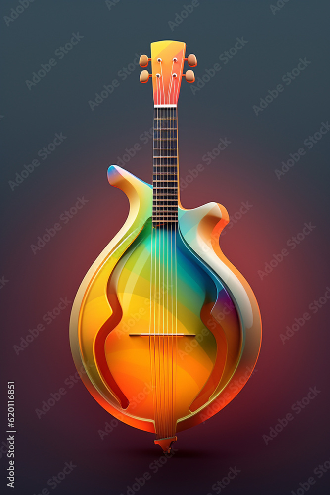 Poster An abstract geometric style rendering of a Mandolin, with its curved body and strings composed of intersecting geometric shapes and soft, soothing color gradients. Generative AI technology