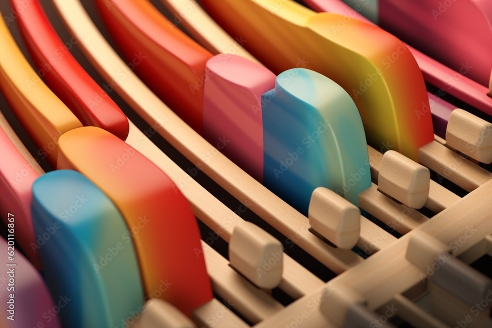 Fototapete An abstract geometric style rendering of a Xylophone, with its curved body and strings composed of intersecting geometric shapes and soft, soothing color gradients. Generative AI technology