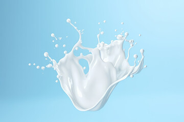 Naklejka na ściany i meble One Milk white splash, white liquid or Yogurt splash, Include clipping path. 3d realistic yogurt wave isolated on pastel blue background. Generative AI 3d render illustration imitation.